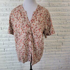 CJ Banks Womens Top 1X Short Sleeve Red Orange Floral Linen Rayon FLO173E